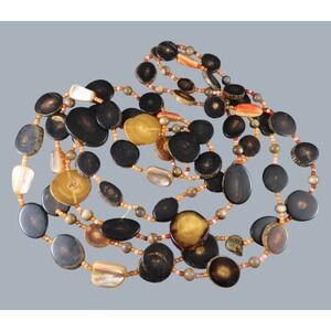 VTG Polished Sliced Horn Beads AGATE Beaded 82" Necklace PETRIFIED WOOD? Brown